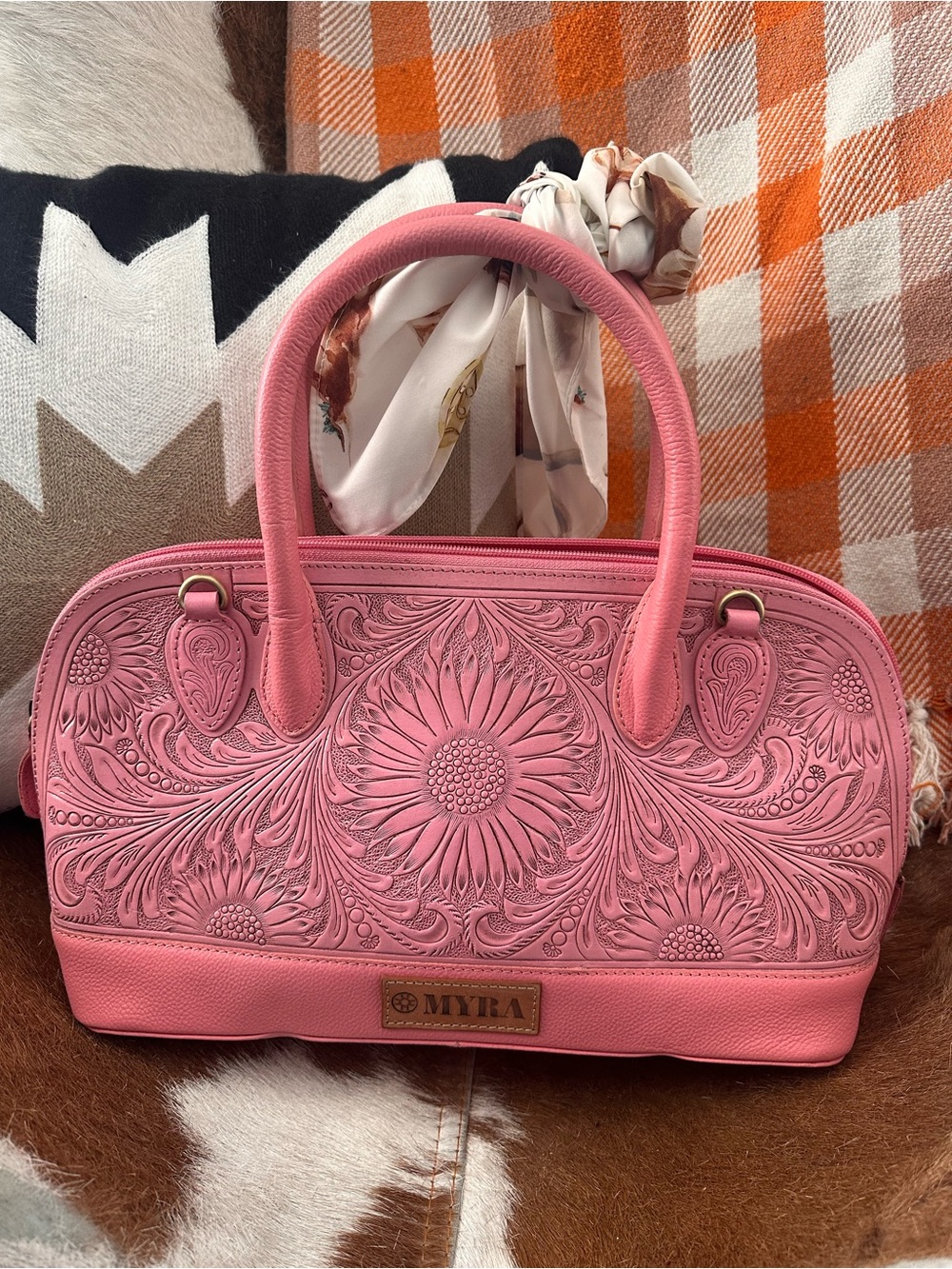 Myra Bag Pink Embossed Floral Dome Satchel with Scarf Accent - Picture 2 of 4